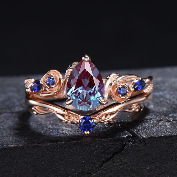 Rose Gold Floral Engagement Ring Pear Color-Change Alexandrite Wedding Ring Leaf Vine Blue Sapphire Bridal Set Birthstone Jewelry Women Gift