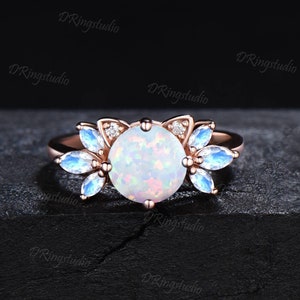 Katvormige verlovingsring 7 mm ronde witte opaal trouwring Rose goud kitten maansteen ring oktober geboortesteen sieraden cadeau voor dochter