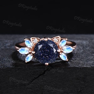 Kat ronde blauwe zandsteen verlovingsring unieke kitten sterrenhemel goudsteen maansteen trouwring gouden kat ring voorstel cadeaus voor kattenliefhebbers