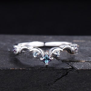 Celestial Moon Alexandrite Wedding Band Unique Princess Cut Alexandrite Matching Wedding Band Sterling Silver Moon Curved Stacking Ring Gift