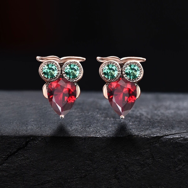 0.5ct Pear Natural Garnet Wedding Earrings Rose Gold Emerald Owl Stud Earrings Animal Gemstone Earrings January Birthstone Anniversary Gifts