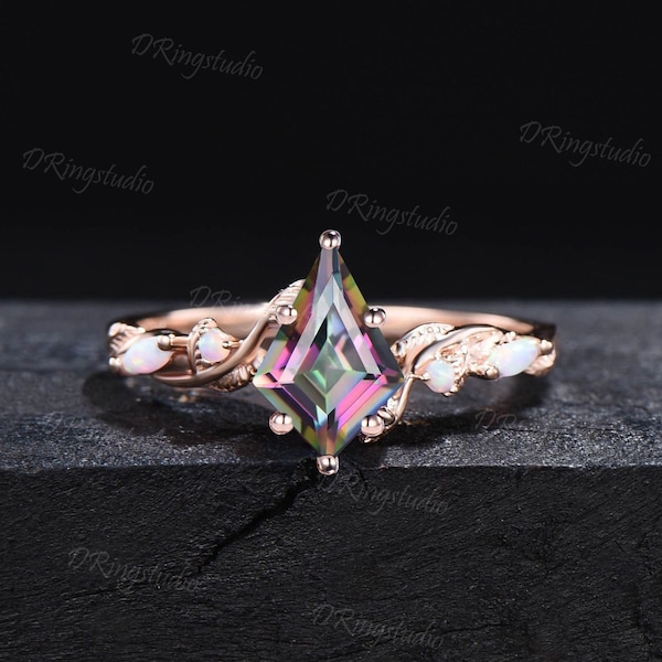 Magical Mystic Topaz Engagement Ring Rose Gold Kite Cut Mystic Rainbow Topaz Ring Twig Leaf Vine Opal Wedding Ring Nature Ring Proposal Gift