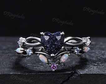 Gothic Heart Shaped Blue Sandstone Engagement Ring Black Gold Galaxy Nebula Goldstone Wedding Ring Twist Shank Opal Bridal Set Proposal Gift
