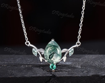 Teardrop Natural Moss Agate Necklace 14k/18k White Gold Necklace Vintage Leaf Vine Emerald Pendant Marquise Green Moss Necklace Women Gifts