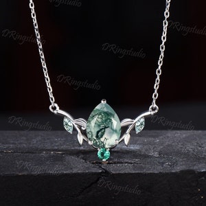 Druppel natuurlijke mos agaat ketting 14k/18k witgouden ketting vintage blad wijnstok smaragd hanger marquise groen mos ketting vrouwen geschenken