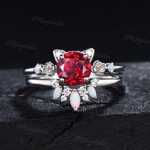 Cat Round Ruby Engagement Ring Set Floral 6.5mm Red Gemstone Bridal Set Gold Kitten Opal Bridal Set July Birthstone Ring Gift for Cat Lovers