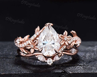 Nature Inspired Pear Shaped Moissanite Engagement Ring Leaf Flower Promise Bridal Ring Set Rose Gold Floral Wedding Ring Proposal Women Gift