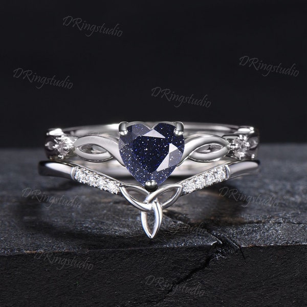 Unique Heart Shaped Blue Sandstone Engagement Ring Twist Shank Galaxy Sandstone Wedding Ring Set Celtic Knot Moissanite Ring Gift For Women