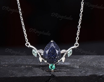 Pear Blue Sandstone Necklace Nature Inspired Branch Leaf Emerald Pendant 14k/18k White Gold Blue Goldstone Moss Agate Necklace Wedding Gift