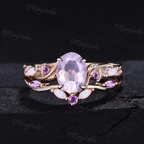 Twig Oval Lavender Amethyst Engagement Ring Set Amethyst Cluster Promise Ring Nature Inspired Leaf Vine Opal Bridal Ring Set Proposal Gifts