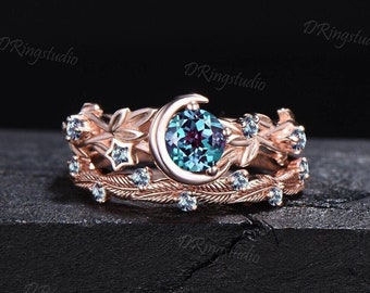 Nature Inspired Color-Change Alexandrite Engagement Ring Moon Star Design Round Alexandrite Ring Branch Leaf June Birthstone Wedding Rings