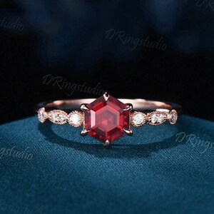 Hexagon Cut Red Ruby Engagement Ring Sterling Silver July Birthstone Milgrain Wedding Ring Vintage Red Gemstone Jewelry Unique Birthday Gift