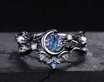 Black Gold Fireworks Cut Alexandrite Round Engagament Ring Crescent Moon Branch Opal Cluster Bridal Set Gothic Alexandrite Wedding Ring Gift