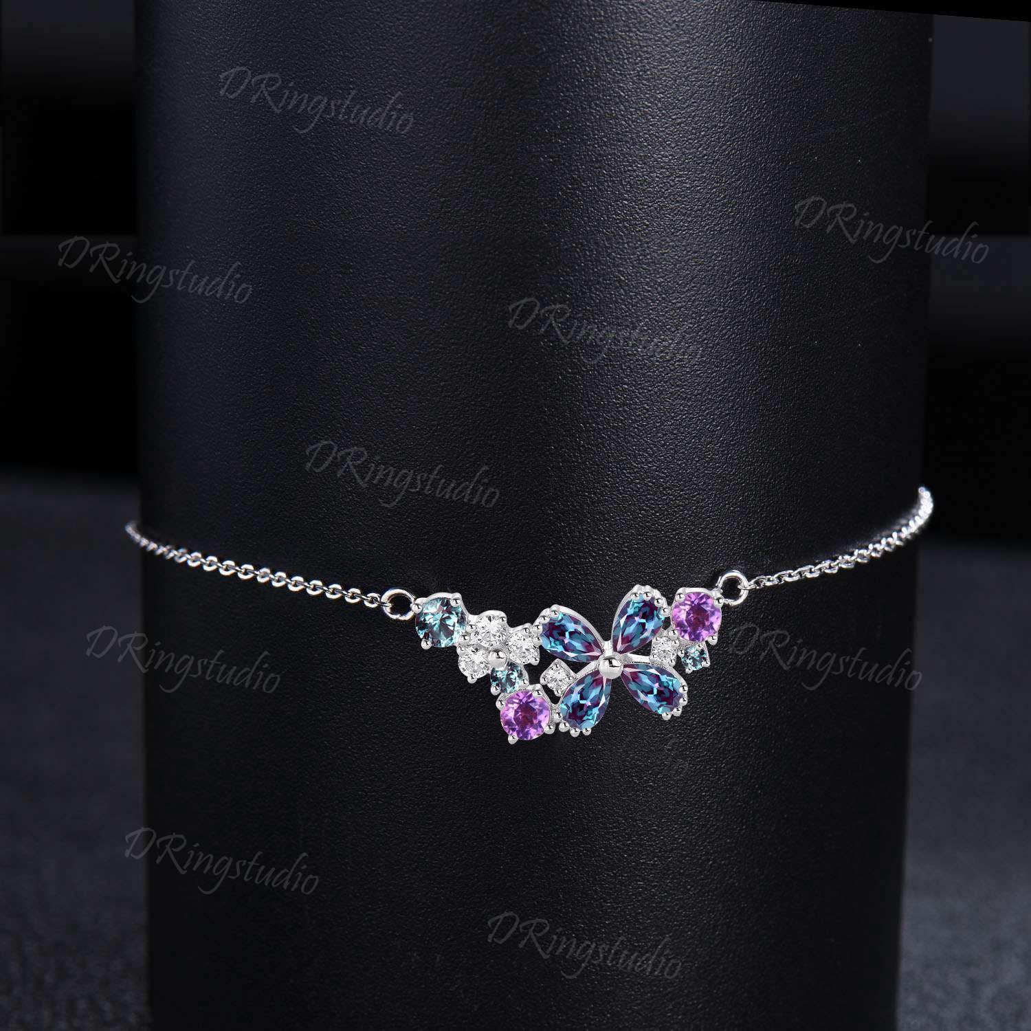 Pear Shaped Color-Change Alexandrite Bracelet Solid White Gold Genuine Diamond Bracelet Floral Wedding Bracelet Birthday Anniversasry Gift