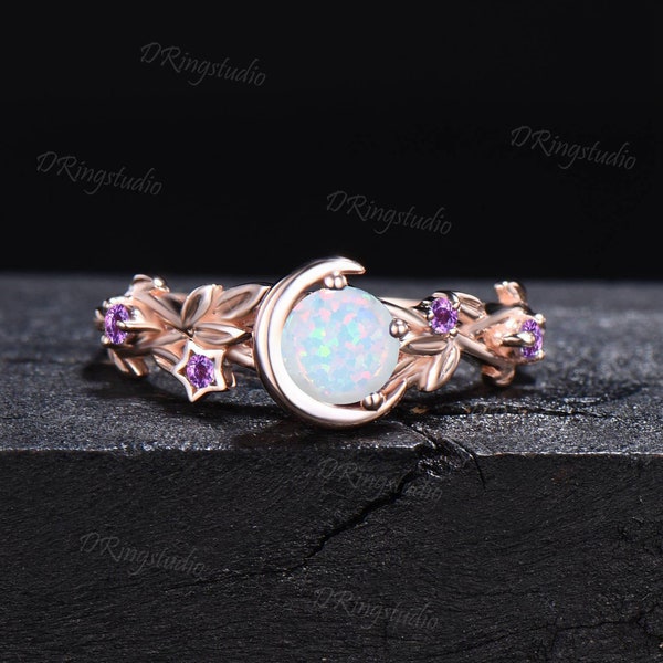 Nature Inspired Moon Star Design Amethyst Opal Engagement Ring Sterling Silver 5mm Round Fire Opal Ring Branch Leaf Amethyst Wedding Rings
