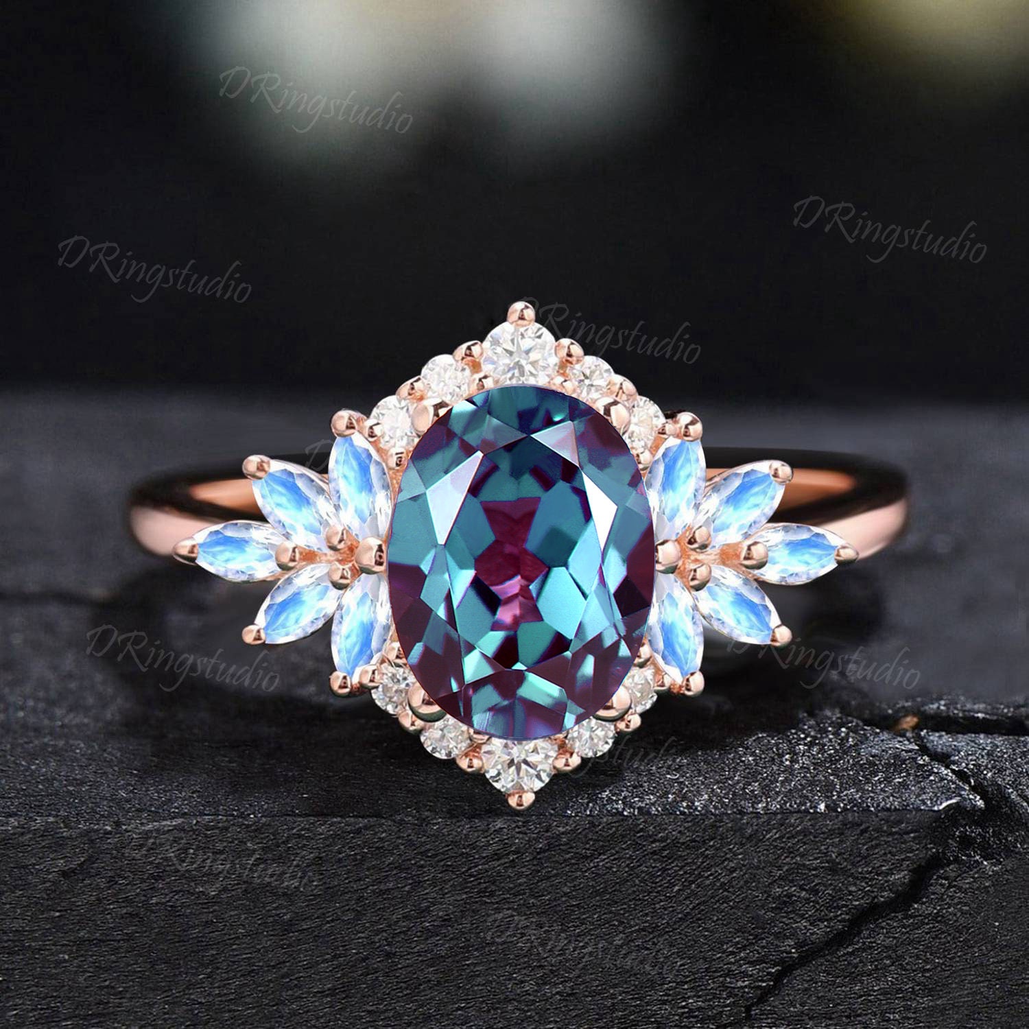 1.5ct Oval Alexandrite Ring 14K Rose Gold Cluster Marquise Moonstone Ring Halo Diamond Engagement Ring June Birthstone Anniversary Gifts