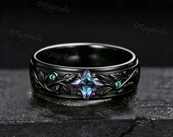 6MM Black Gold Princess Cut Alexandrite Wedding Band Nature Leaf Matte Black Alexandrite Mens Ring Brushed Gemstone Promise Ring for Him