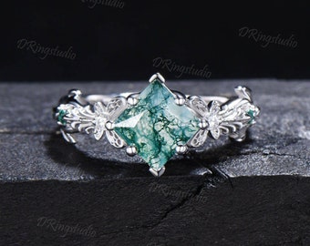 White Gold Butterfly Ring Unique Princess Cut Natural Moss Agate Engagement Ring Hollow Butterfly Aquatic Agate Ring Proposal Gifts For Her