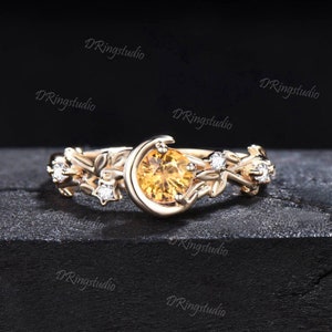 Nature Inspired Yellow Sapphire Diamond Engagement Ring 14K Gold Moon Star Design Round Yellow Sapphire Ring Branch Leaf Wedding Rings 5mm