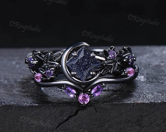 Princess Cut Galaxy Blue Sandstone Engagement Ring Set Nature Inspired Leaf Moon Black Nebula Ring Amethyst Cluster Black Gold Star Ring
