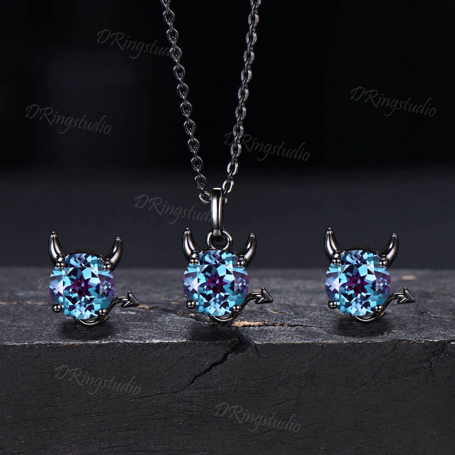 Unique Round Alexandrite Necklace Earrings Jewelry Set Black Gold Angel Devil Birthstone Pendant Cute Devil Stud Earrings Halloween Jewelry