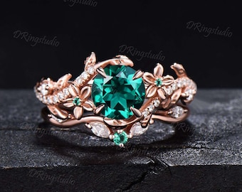 Gothic Black Gold Moissanite Engagement Ring Set Black Flower