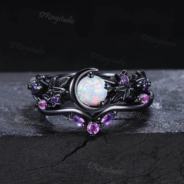 Black Moon Star White Opal Engagement Ring Gothic Black Round Fire Opal Wedding Ring Set Branch Leaf Vine Bridal Ring Set Anniversary Gift