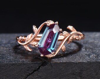 Vintage Alexandrite Engagement Ring Branch Leaf Shield Shape Alexandrite Wedding Ring Nature Style Alexandrite Solitaire Ring Proposal Gifts