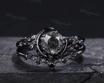 Natural Round Black Rutilated Quartz Crescent Moon Engagement Ring Twig Leaf Black Gold Bridal Set Black Spinel Wedding Ring Proposal Gift