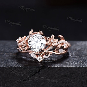 Garden Inspired Round Moissanite Engagement Ring Set 1ct Rose Gold ...