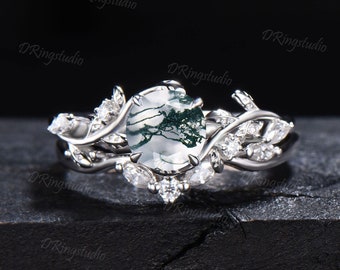 Unique Round Natural Moss Agate Engagement Ring Set Nature Inspired Moissanite Cluster Ring Twig Leaf Aquatic Agate Bridal Set Proposal Gift