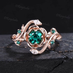 Gold Snake Ring 5mm Round Emerald Engagement Ring Nature Style Twig Leaf Emerald Moissanite Serpent Wedding Ring May Birthstone Women Gifts