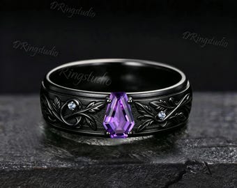 14K Black Gold Gothic Coffin Cut Amethyst Mens Wedding Band Nature Leaf Vine Engagement Ring for Men February Birthstone Ring Gifts for Him
