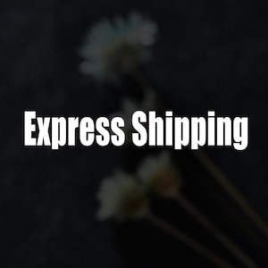 May include: Express Shipping text on a black background with a blurry image of white flowers in the background.