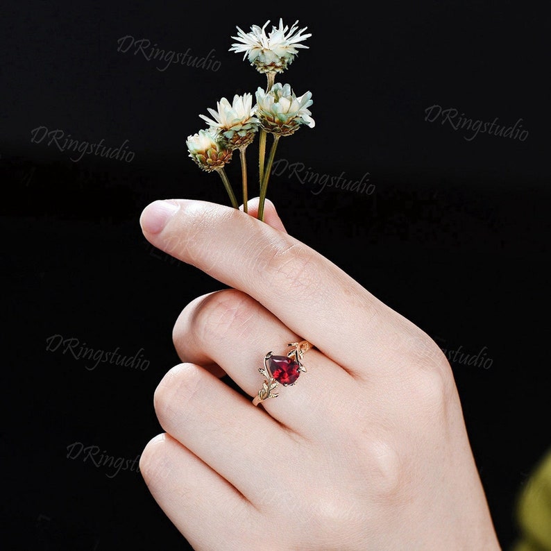 1.25ct Pear Shaped Ruby Gemstone Jewelry 14K Yellow Gold Twig Leaf Ruby Engagement Rings Anniversary Ring For Women July Birthstone Gift image 2