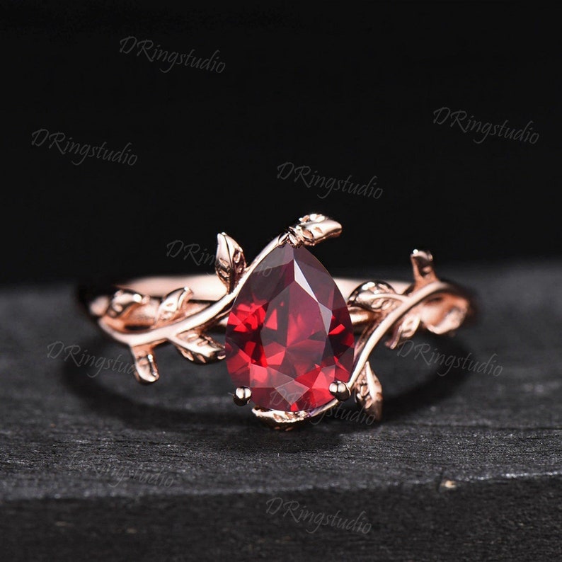 1.25ct Pear Shaped Ruby Gemstone Jewelry 14K Yellow Gold Twig Leaf Ruby Engagement Rings Anniversary Ring For Women July Birthstone Gift image 6
