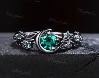 Crescent Moon Black Gold Ring Round Emerald Engagement Ring Nature Style Twig Leaf Emerald Wedding Ring May Birthstone Jewelry Promise Gifts