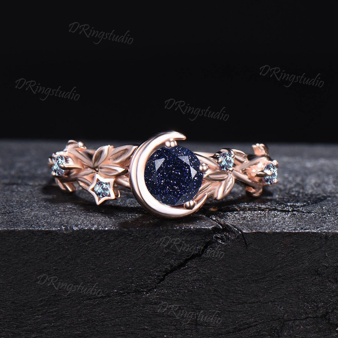 Nature Inspired Galaxy Blue Goldstone Engagement Ring Moon Star Design ...