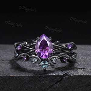 Black Gold Teardrop Natural Amethyst Engagement Ring Twig Vine Bridal Promise Ring Set Gothic Black Celestial Moon Alexandrite Wedding Ring