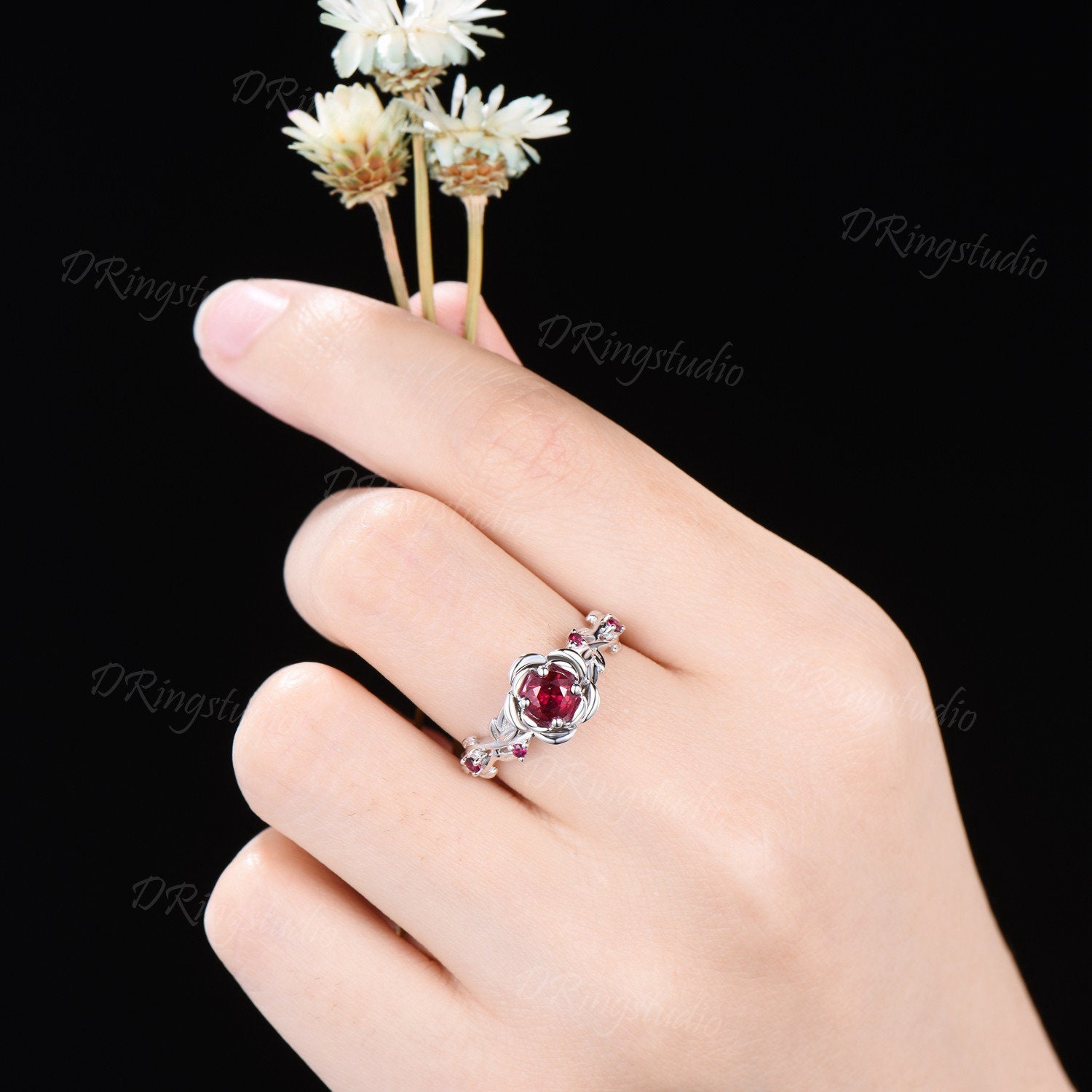 5mm Round Ruby Engagement Ring 14K Yellow Gold Twig Leaf Rose Flower ...