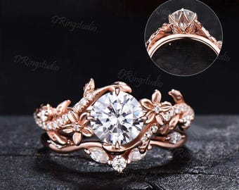 Round Moissanite Tulip Setting Engagement Ring Hidden Flower Petal Prong Bridal Set 10K 14K Rose Gold Moissanite Diamond Lotus Flower Ring