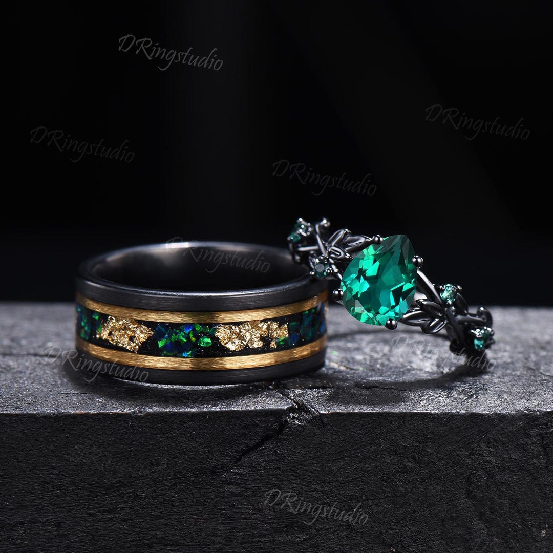 2pcs Pear Green Emerald Couple Set Gothic Black Gold Leaf Vine His
