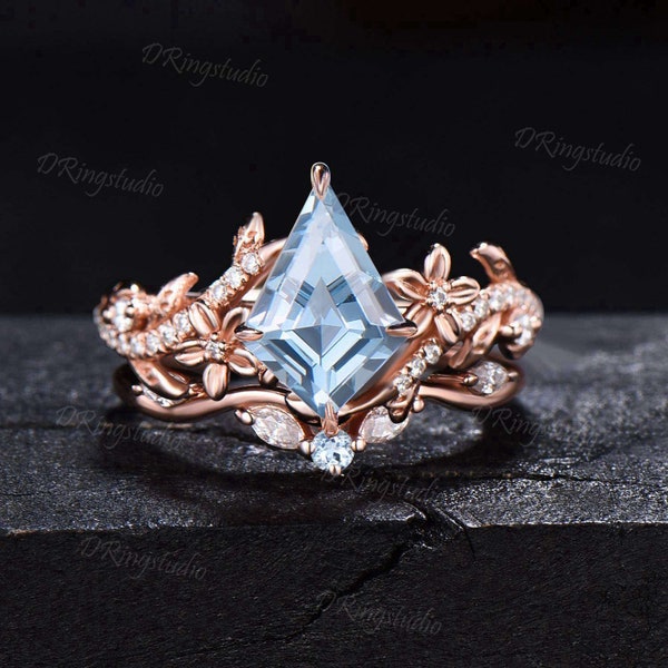 Kite Natural Aquamarine Ring Rose Gold Floral Engagement Ring Set Leaf Vine Moissanite Cluster Promise Ring Nature Inspired Ring Women Gift