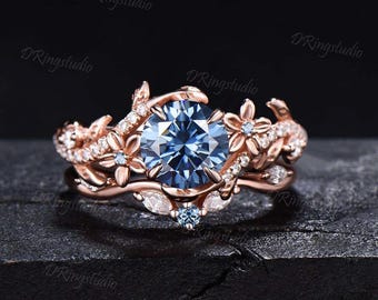 Nature Inspired Blue Moissanite Engagement Ring Set 1ct Round Cut Gray Blue Moissanite Cluster Wedding Ring Set Leaf Vine Branch Bridal Set