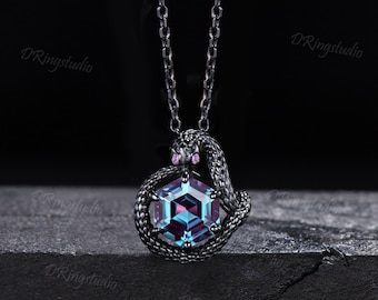 Black Gold 7mm Hexagon Alexandrite Snake Pendant Necklace June Birthstone Gothic Ouroboros Necklace Amethyst Unisex Halloween Necklace Gift