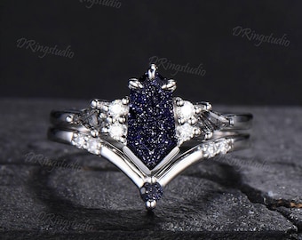 Shield Cut Galaxy Blue Sandstone Engagement Ring Set Sterling Silver Goldstone Moissanite Cluster V Shape Bridal Set Starry Nebula Ring Gift