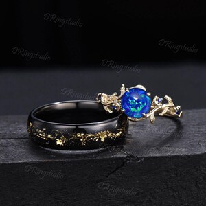 Galaxy Blue Opal Couple Wedding Ring Set Nature Inspired Moon Leaf Engagement Ring Men Tungsten Matching Ring His and Hers Wedding Band Gift