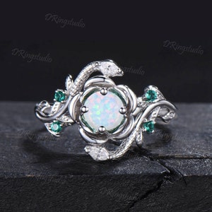 14k Solid Gold Diamond Snake Ring Floral White Opal Engagement Ring Nature Inspired Leaf Vine Emerald Wedding Ring October Birthstone Gifts