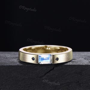 14k Solid Gold Natural Moonstone Mens Wedding Band 4mm Matte Wedding Band Unique Emerald Cut Moonstone Band Brushed Band Unisex Promise Ring