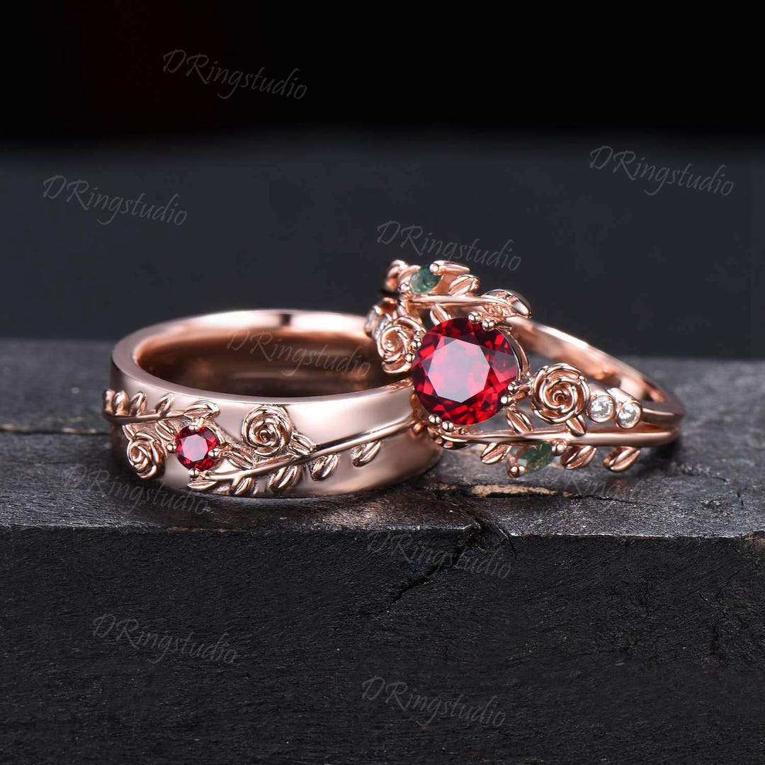 2pcs Round Red Ruby Promise Couple Rings Set 14k Rose Gold Leaf Branch ...